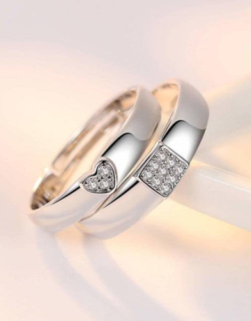 Silver-Plated Cubic Zirconia-Studded Adjustable Couple Rings